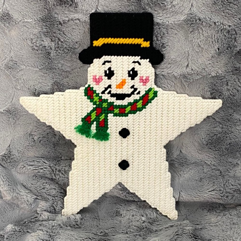 Handcrafted Star Shaped Winter Holiday Snowman Needlework Wall Hanging Decor